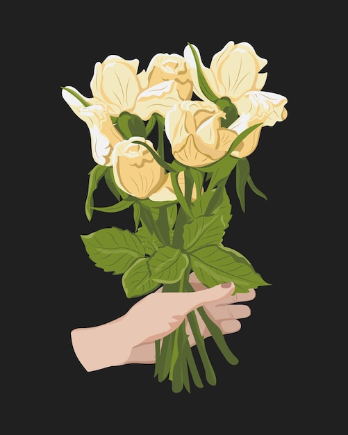 Vector white flat hand with bunch of white roses on dark