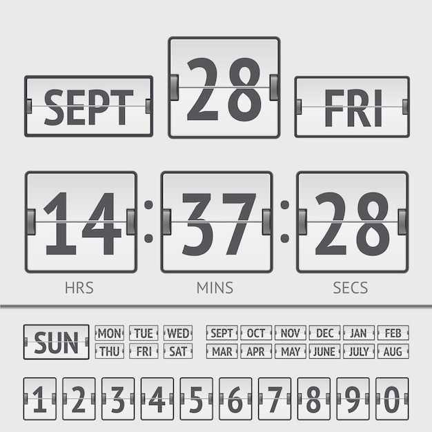 White flip scoreboard digital timer with date and time of the week