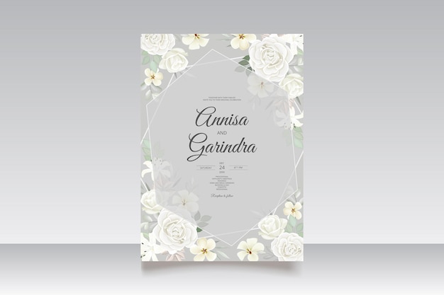 白い花の結婚式の招待状のテンプレート 結婚式の招待状の緑と白いバラ プレミアム ベクトル