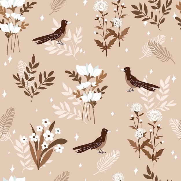 White flower and brown leaf on lbrown background seamless pattern