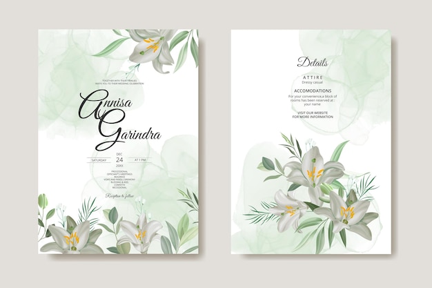 Vector white flower and leaves wedding invitation template set with watercolour background premium vector