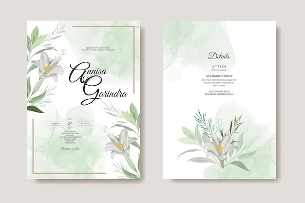 Vector white flower and leaves wedding invitation template set with watercolour background premium vector