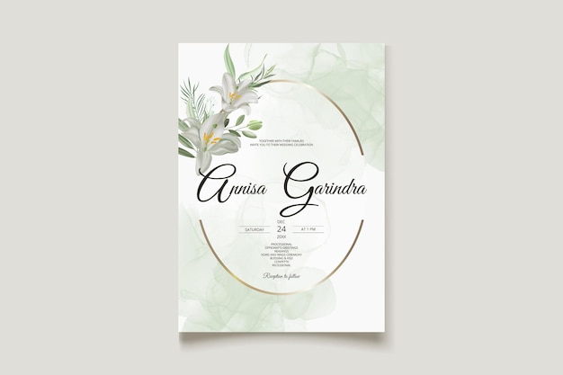 Modello di invito a nozze a fiori e foglie bianchi con sfondo acquerello premium vector