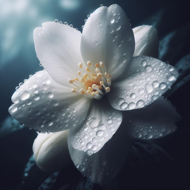 a white flower with drops of water on it