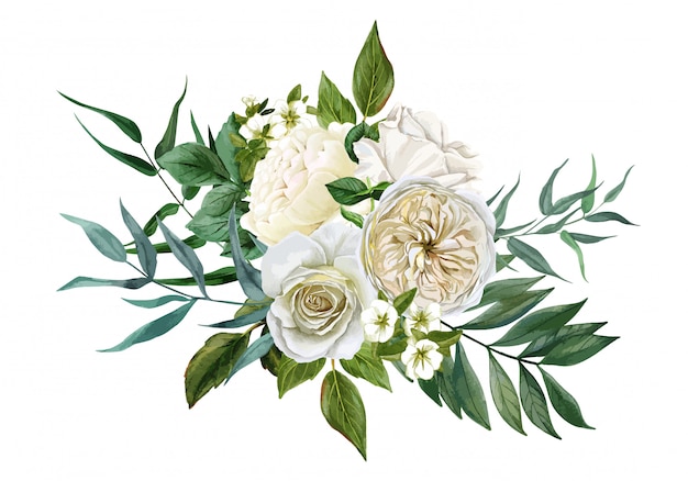 Vector white flowers bouquet, roses and leaves, hand drawn