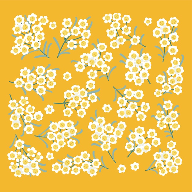 Vector white flowers on branches collection set of vintage style floral elements isolated on yellow backgro