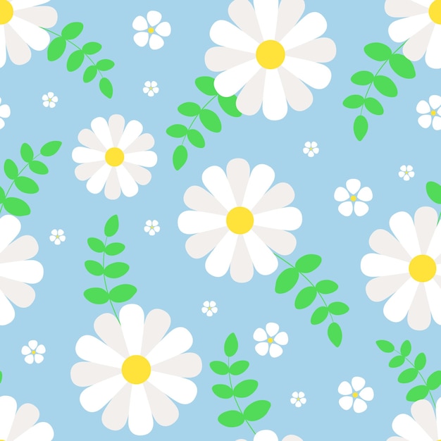 White flowers and green leaves on blue background. Vector seamless pattern.