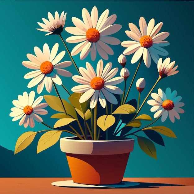 Vector white flowers in a pot of vector illustration