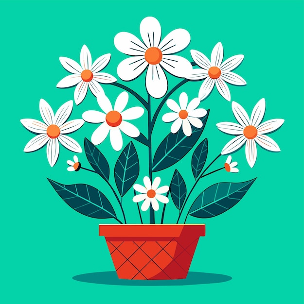 Vector white flowers in a pot of vector illustration