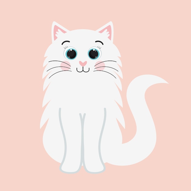 White fluffy cat with big eyes Cute cartoon character