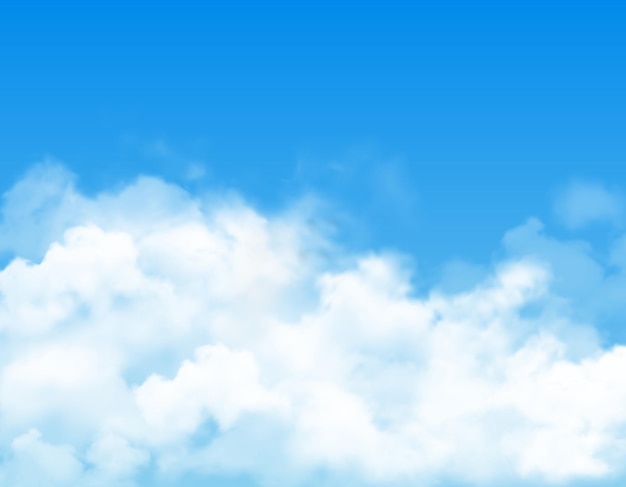 Vector white fluffy clouds or fog on blue sky background. vector cloudy backdrop, realistic mist, vapor or white smoke. climate, weather forecast or environment air pollution, heaven on sky backdrop