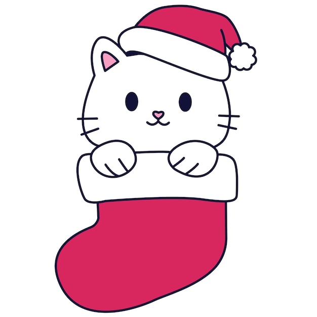 Vector white fluffy kitten in a christmas sock.