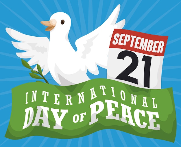 국제 평화의 날을 위한 메시지가 담긴 흰색 날아다니는 비둘기 올리브 가지 달력과 녹색 리본