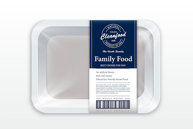 Vector white foam tray with plastic film mockup modern style fish label