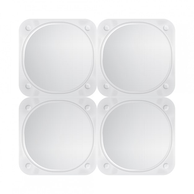 Vector white  foil lid for yogurt, dessert or cream. pack of four rounded square form. top view of packaging