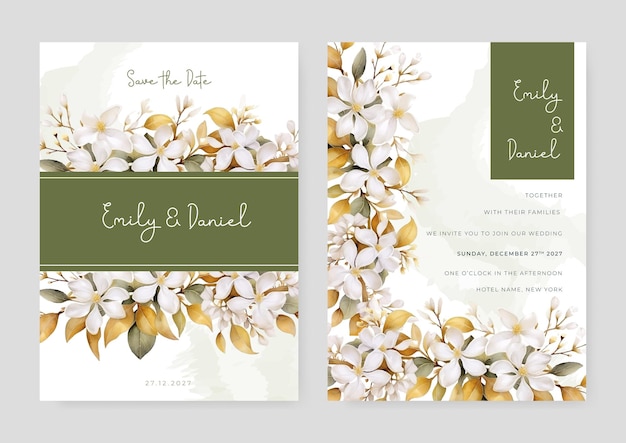 Белый франгипани элегантный шаблон свадебной пригласительной карты с акварелью цветочной и листьями