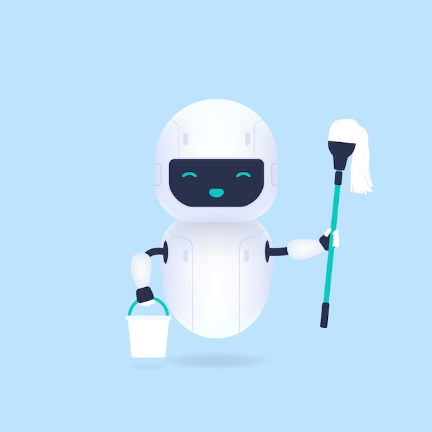 Vector white friendly cleaning robot holding mop and bucket.