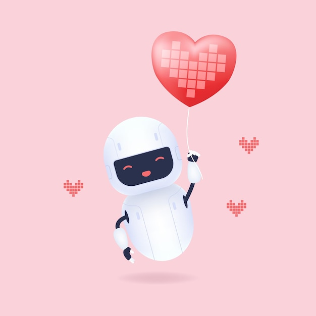 White friendly robot holding heart shape balloon