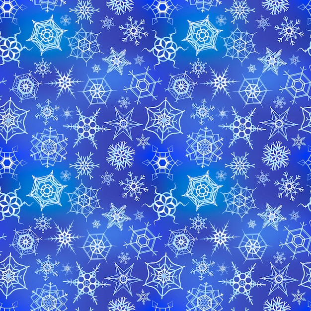 White frozen snowflakes on blue winter background, seamless pattern