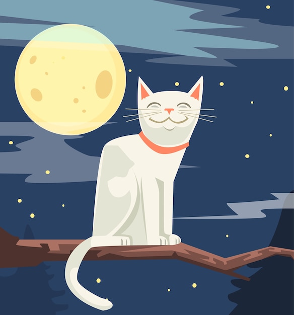 Vector white funny cat character sitting on tree branch cartoon illustration