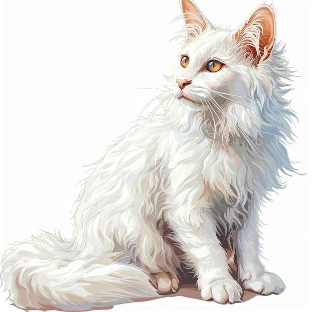 white furry cat with brown eyes is sitting in white background in the style of hyperdetailed