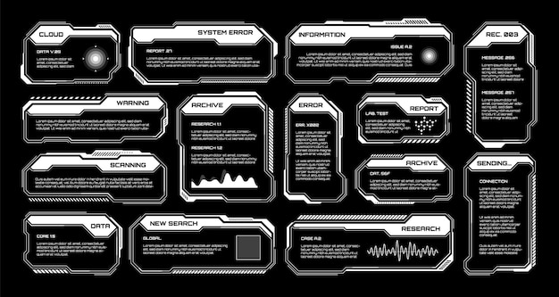 white futuristic hud ui elements scifi user interface text boxes callouts warning message frames information boxes template modern game interface layout in digital style vector illustration
