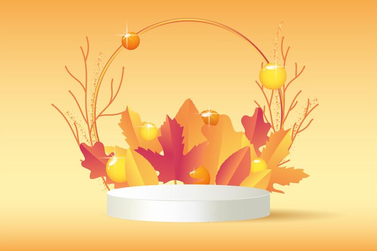 Vector white geometric platform on white gradient background golden arc with branches and leaves near