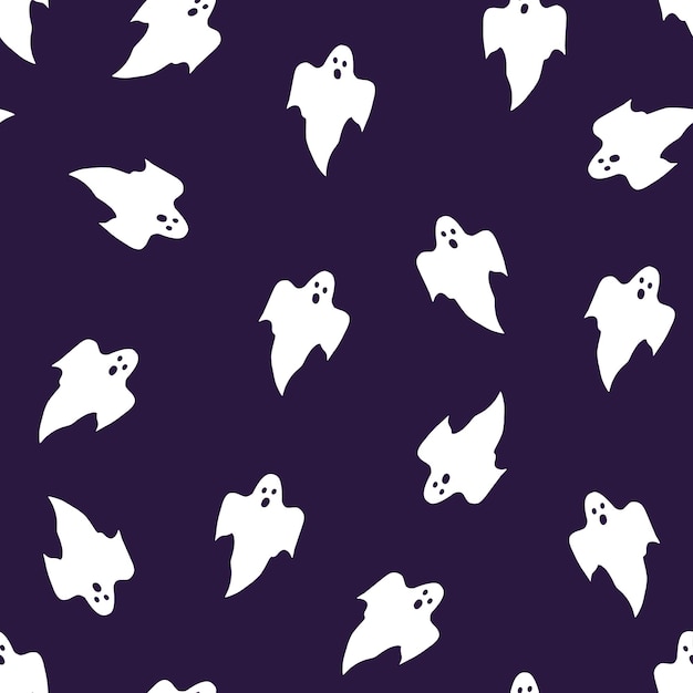 Белые призраки на темно-фиолетовом фоне бесшовный узор. Простой повторяющийся узор для Хэллоуина. Векторная иллюстрация