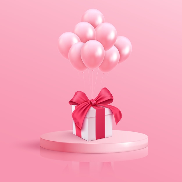 Vettore contenitore di regalo bianco con il nastro blu e pallone su fondo rosa. minimo concetto di capodanno.