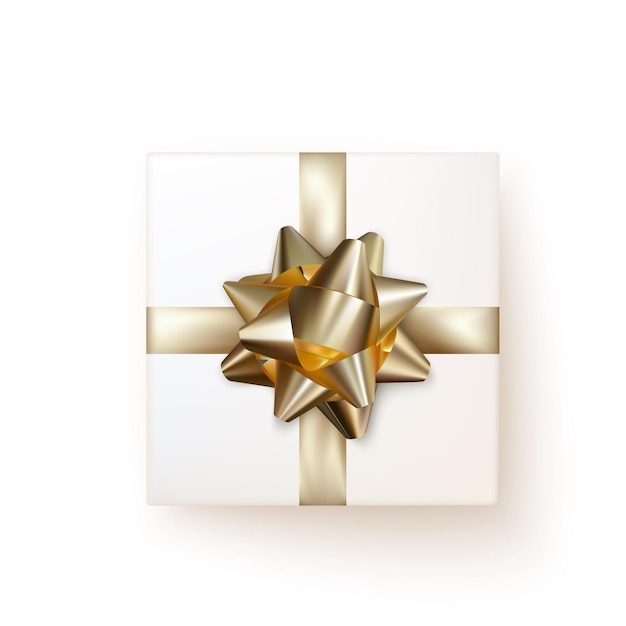 White gift box with golden silk bow in realistic style top view. 