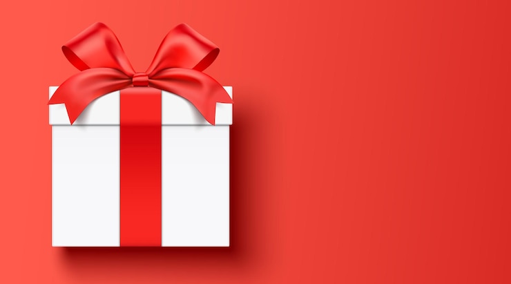 Vector white gift box wrapped with red ribbon lying down on a red background