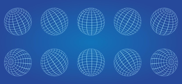 White Globe Grid Sphere Set on Blue Background 3D Wire Global Earth Latitude Longitude Wired