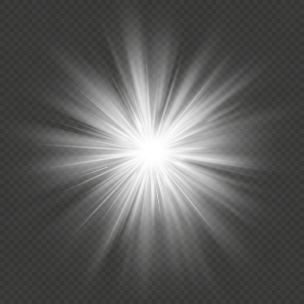 Vector white glow star burst flare explosion transparent light effect.