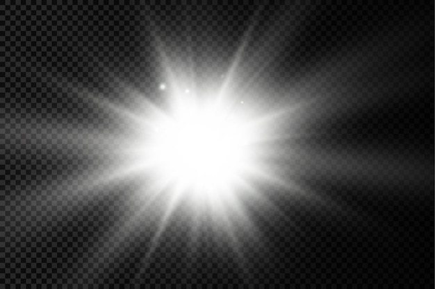 白い輝く光のバーストが輝く明るい星の太陽光線の光効果太陽の光のフレア