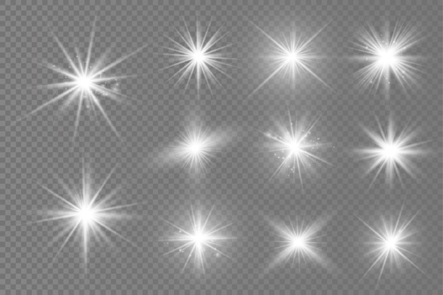 Vector white glowing light burst glow bright stars sun rays light effect flare of sunshine