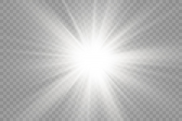 La luce bianca splendente esplode su uno sfondo trasparente, le stelle brillano, la stella esplode di splendore, i raggi del sole bianco, l'effetto della luce, il bagliore del sole con i raggi