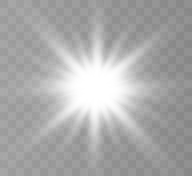 투명 배경에 흰색 빛나는 빛이 폭발합니다. 투명한 빛나는 태양, 밝은 플래시.