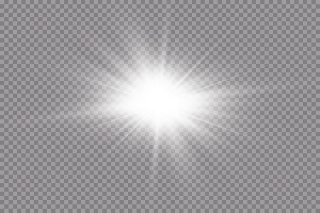 투명한 배경에 흰색 빛나는 빛이 폭발합니다. 레이와 함께. 투명한 빛나는 태양, 밝은 플래시. 밝은 플래시의 중심.
