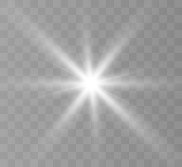 투명한 배경에 흰색 빛나는 빛이 폭발합니다. 밝은 별.
