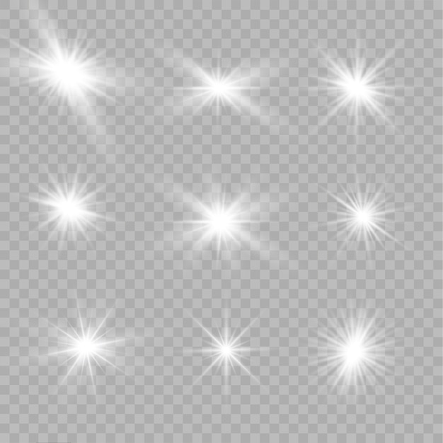 투명 배경에서 흰색 빛나는 빛이 폭발합니다. 반짝이는 마법의 먼지 입자. 밝은 별. 투명한 빛나는 태양, 밝은 플래시. 벡터 반짝입니다.