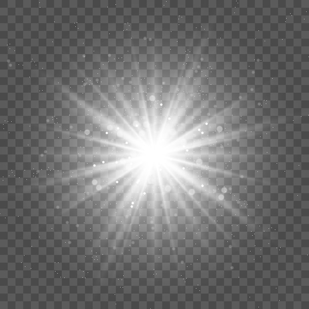 Luce bianca incandescente esplode su uno sfondo trasparente particelle di polvere magica scintillante. la stella è scoppiata di scintillii. sole splendente trasparente, lampo luminoso