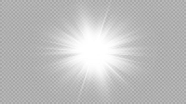 투명 배경에 흰색 빛나는 빛이 폭발합니다. 레이와 함께. 투명한 빛나는 태양, 밝은 플래시. 특수 렌즈 플레어 조명 효과.