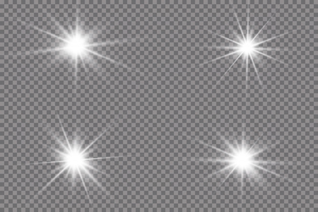 흰색 빛이 광선으로 폭발합니다. 투명한 빛나는 태양, 밝은 플래시. 특수 렌즈 플레어 조명 효과.