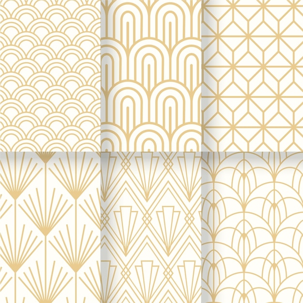 Vector white and gold collection of art deco seamless pattern