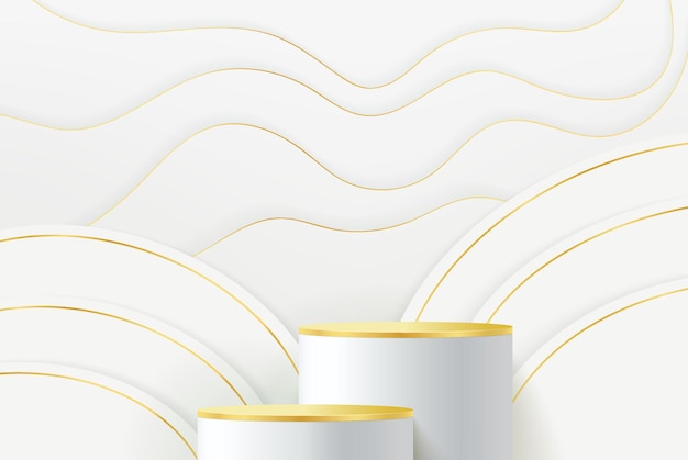 Podio con piedistallo a cilindro realistico in oro bianco con sfondo a strati di strisce verticali sala studio astratta vettoriale con scena minima di piattaforma geometrica 3d per vetrina di prodotti display promozionale