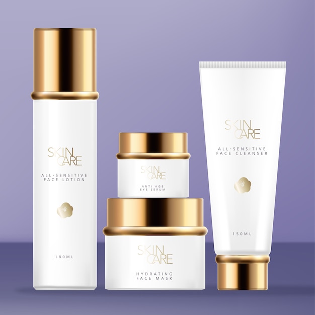 White & gold skin care or beauty product packaging set with bottle, jar & tube packaging