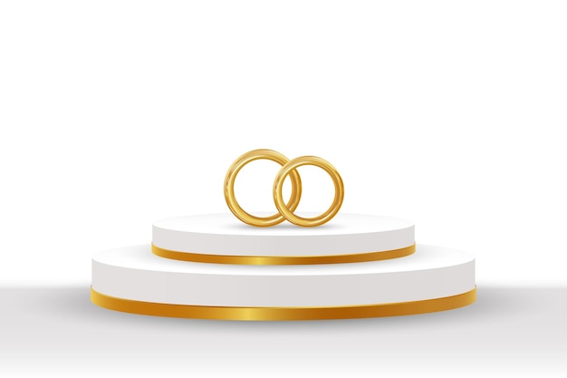 White and golden podium with gold wedding rings on a white background 3d illustration wedding