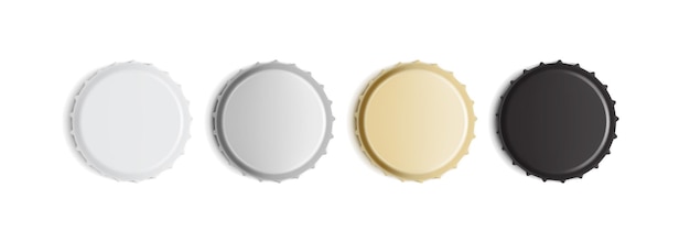 Vettore tappi di bottiglia bianchi, dorati, argento e neri isolati su sfondo bianco