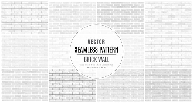 Vector white and gray block brick wall seamless pattern collection set texture background.