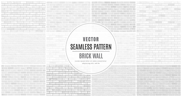 Vector white and gray block brick wall seamless pattern collection set texture background.